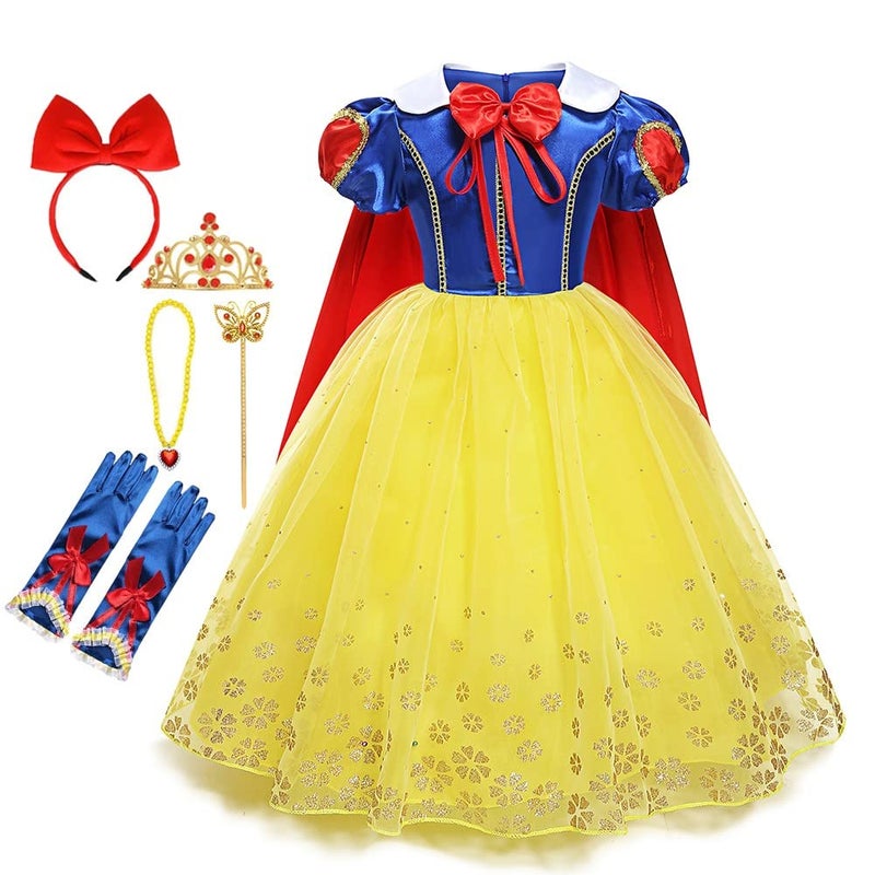 HIHCBF Girls Princess Snow White Costume Birthday Christmas Halloween Carnival Fancy Dress Up w/Cloak Accessories 3-4T - Image 1